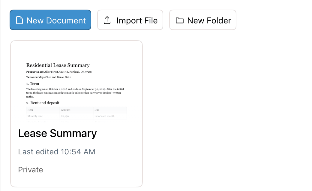 Documents list toolbar with New Document, Import File, and New Folder buttons above an imported document
