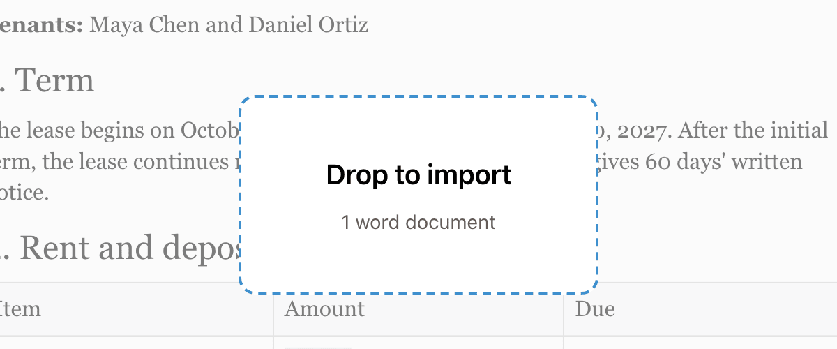 Drop to import overlay over an open document, reading 1 word document