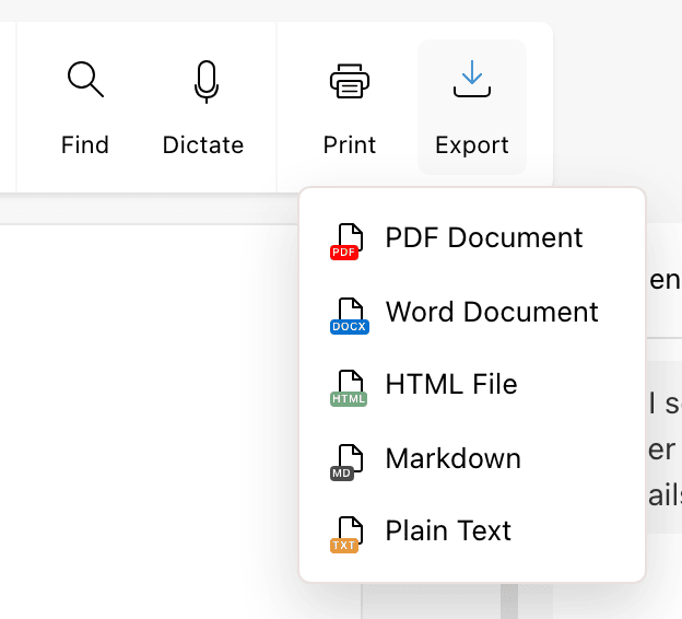 Export menu open under the Export button in the Edit tab, listing PDF Document, Word Document, HTML File, Markdown, and Plain Text