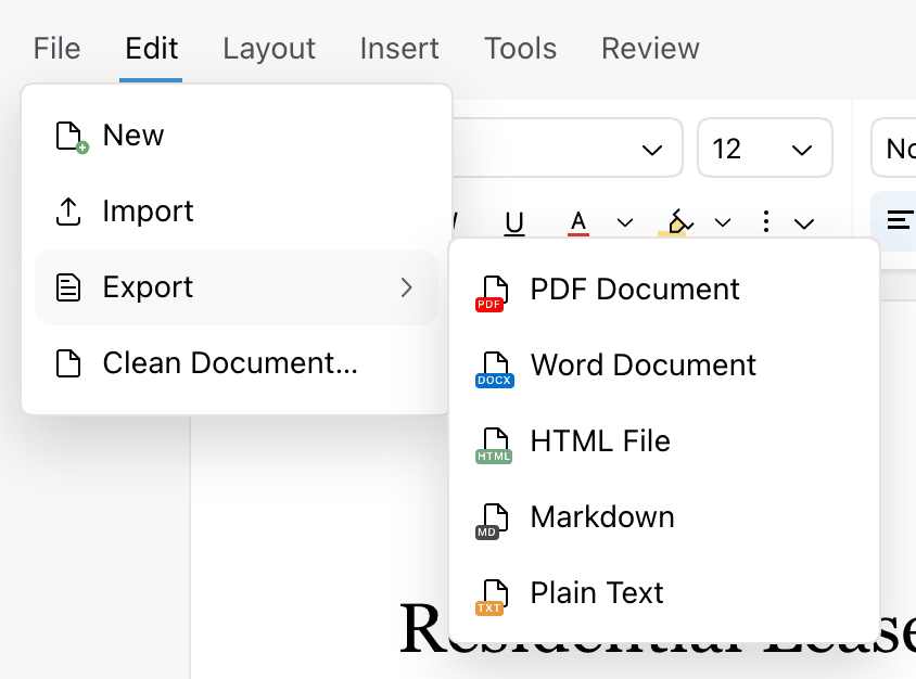 File menu with New, Import, Export, and Clean Document, and the Export submenu open