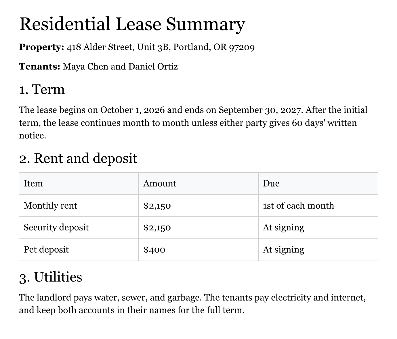 A one-page lease summary PDF imported as editable text, with headings, bold labels, and a three-row table