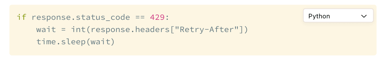 A Python code block with syntax colors and a Python language menu in its top right corner