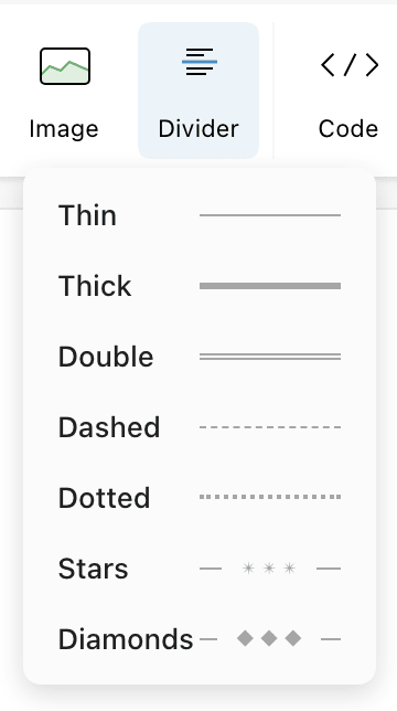 The Divider menu with seven line styles from Thin to Diamonds