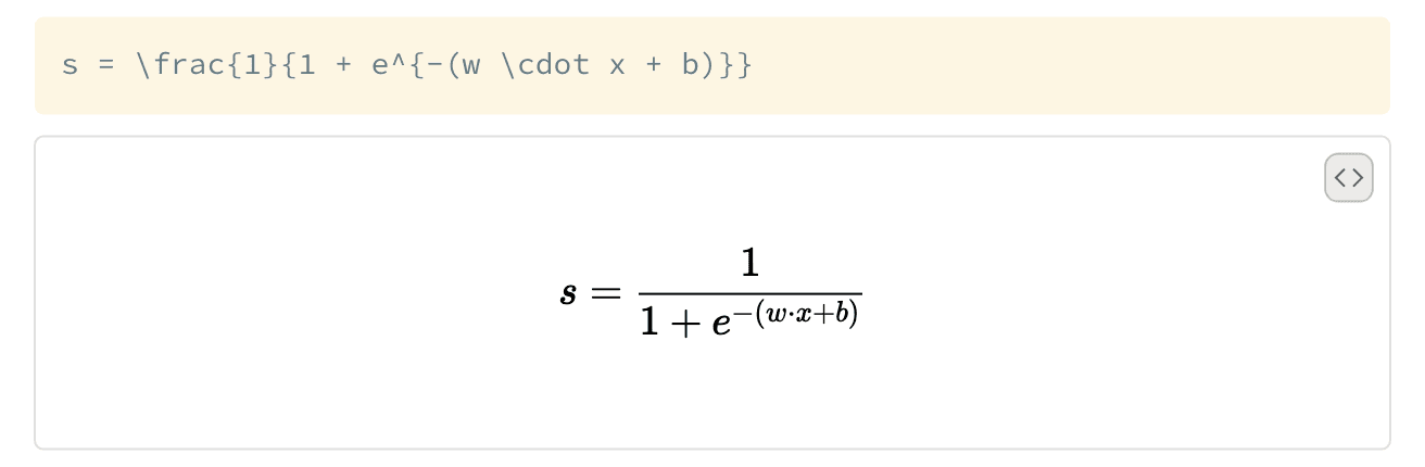 An equation block with LaTeX source on top and the rendered fraction below