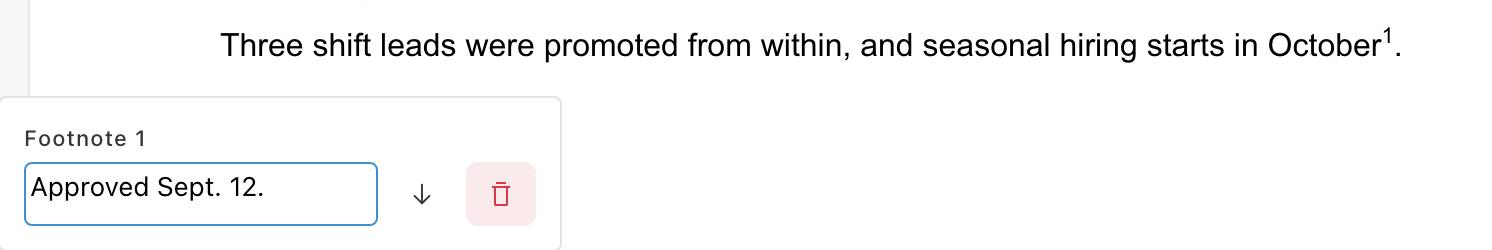 A paragraph ending in a superscript 1, with the Footnote 1 card below it holding the note text