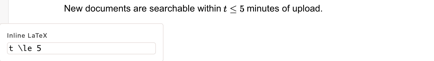 A sentence with an inline formula and the Inline LaTeX card below it showing the source