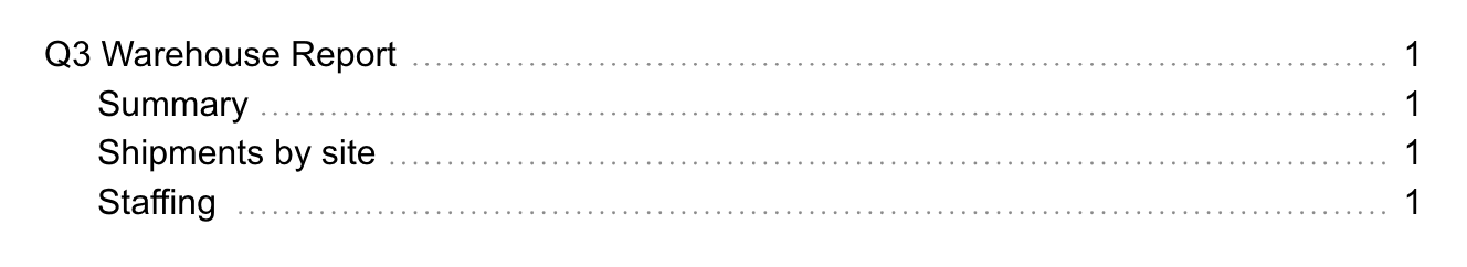 A table of contents listing the report title and three section headings, each with dot leaders and page 1