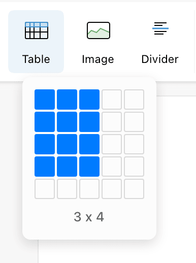 The table size grid with three columns and four rows highlighted and the label 3 x 4