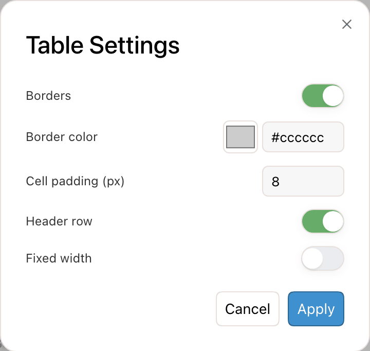 The Table Settings dialog with Borders, Border color, Cell padding, Header row, and Fixed width
