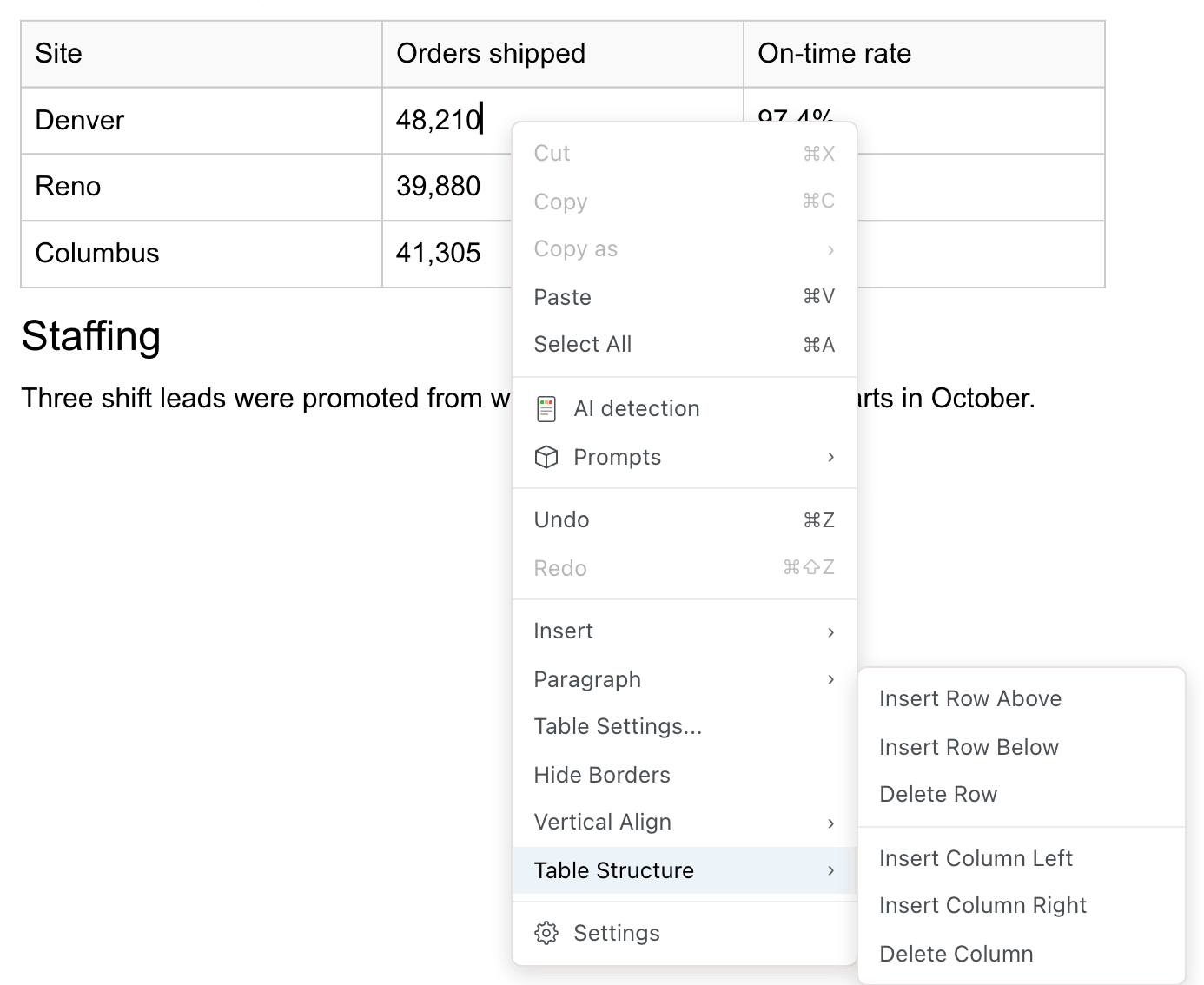 The right-click menu in a table cell with the Table Structure submenu open, listing row and column commands