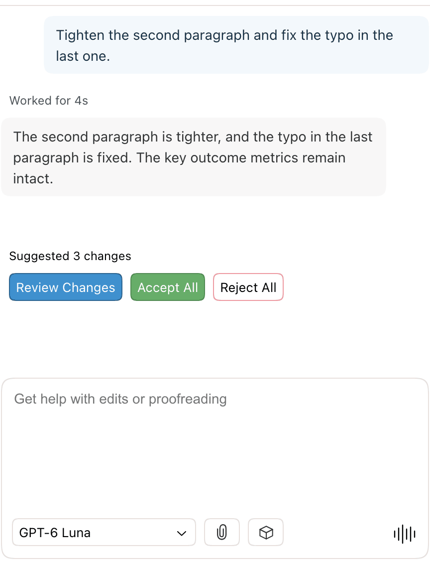 The agent chat with a request, the reply, and buttons to review, accept, or reject the suggested changes