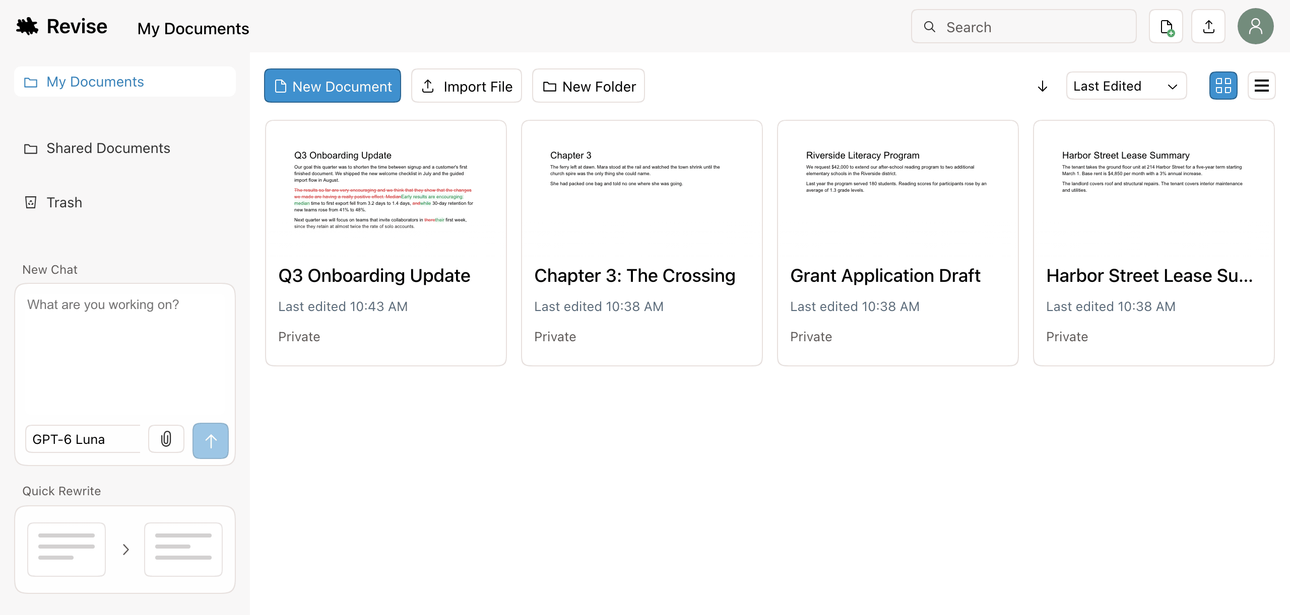 The documents list with four document cards, the folder sidebar, and the New Chat box