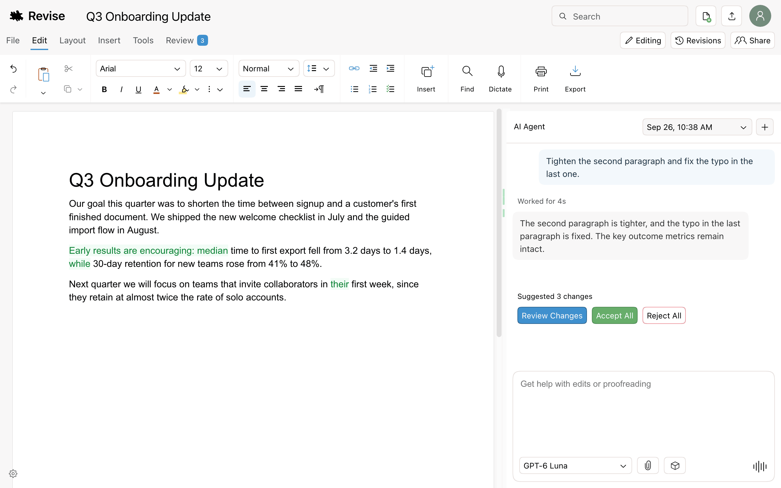 The Revise editor with a memo on the page, proposed changes in green, and the AI Agent panel on the right