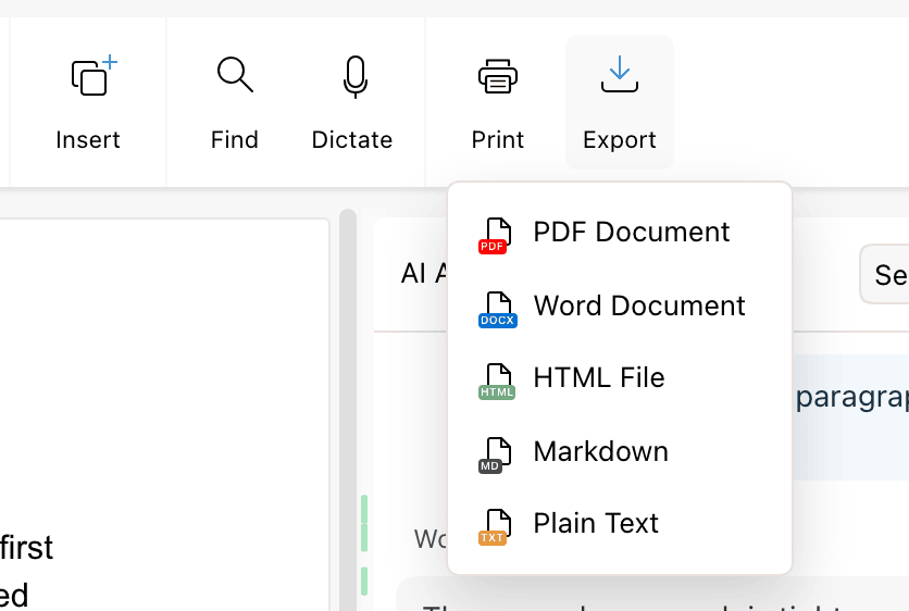 The Export menu listing PDF Document, Word Document, HTML File, Markdown, and Plain Text