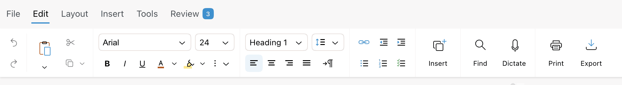 The ribbon tabs File, Edit, Layout, Insert, Tools, and Review above the Edit ribbon