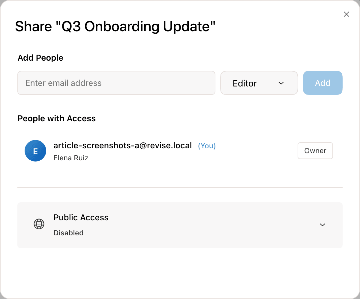 The share dialog with an email field, a role menu, the owner, and Public Access disabled