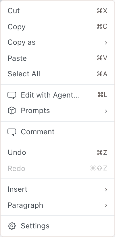 Right-click menu with Cut, Copy, Paste, Select All, Edit with Agent, Undo, and Redo, each followed by its shortcut