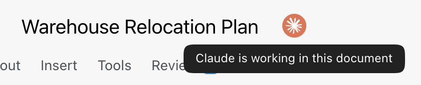 Claude's logo next to the document title, with the tooltip Claude is working in this document