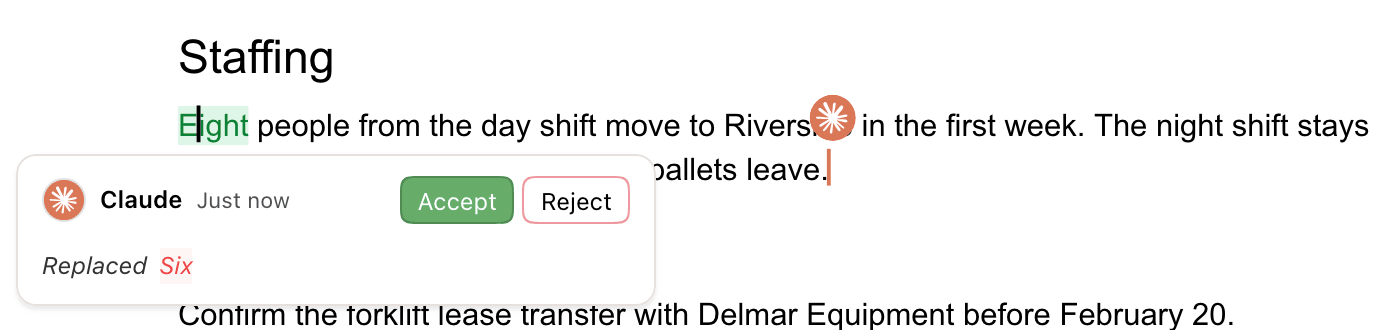A suggested word replacement with a card showing Claude, Accept, and Reject, and Claude's cursor at the end of the paragraph