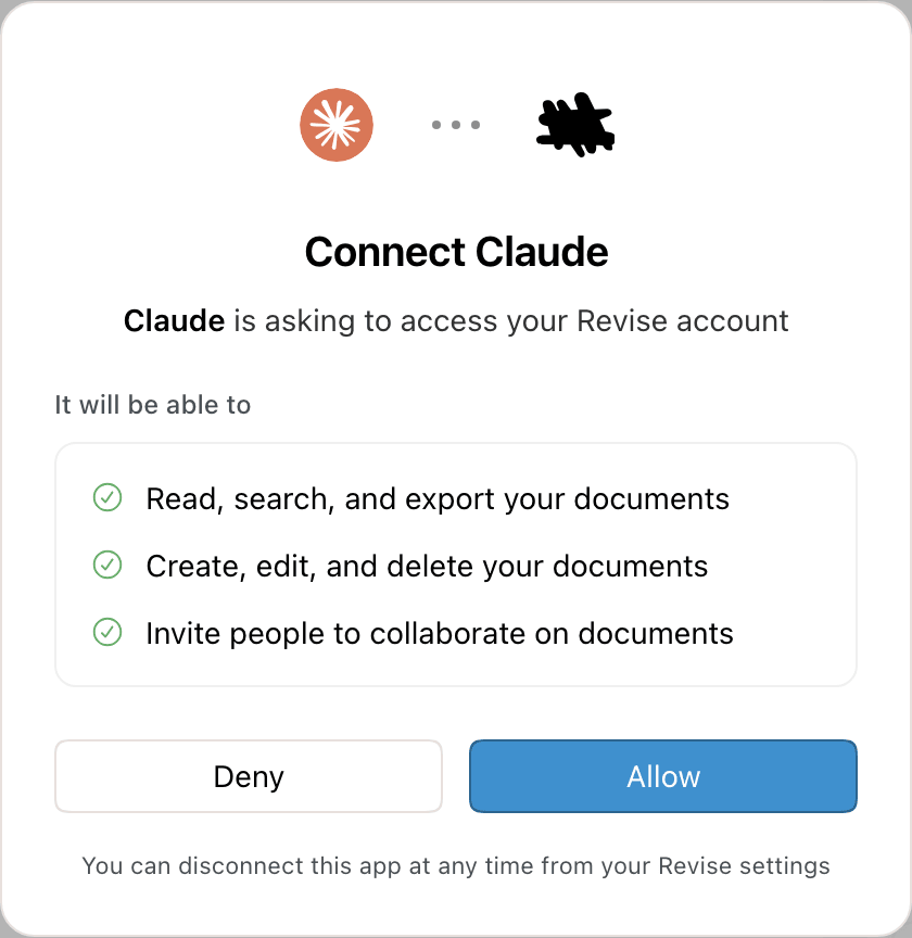 The Connect Claude consent dialog listing three permissions, with Deny and Allow buttons