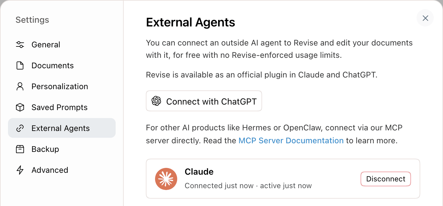 Settings, External Agents section, with a Connect with ChatGPT button and a connected Claude app with a Disconnect button
