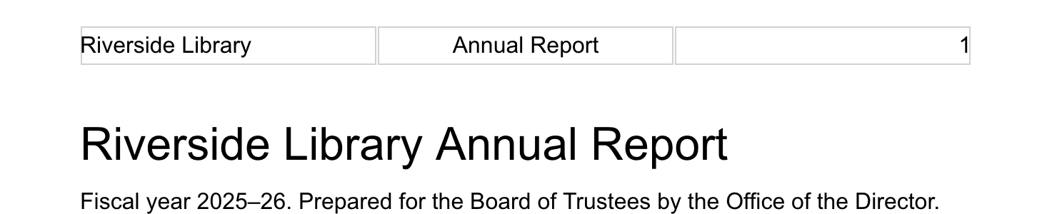 A header in editing mode: Riverside Library on the left, Annual Report in the center, page number 1 on the right