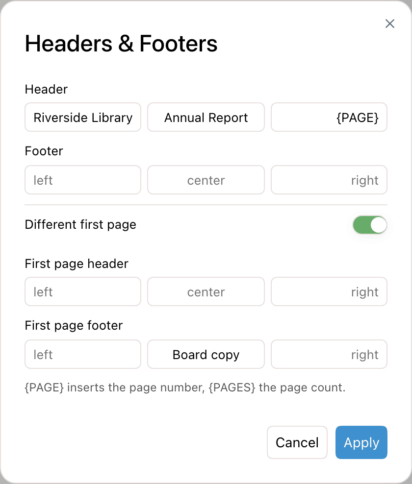 The Headers & Footers dialog with header zones filled in, Different first page turned on, and a first page footer