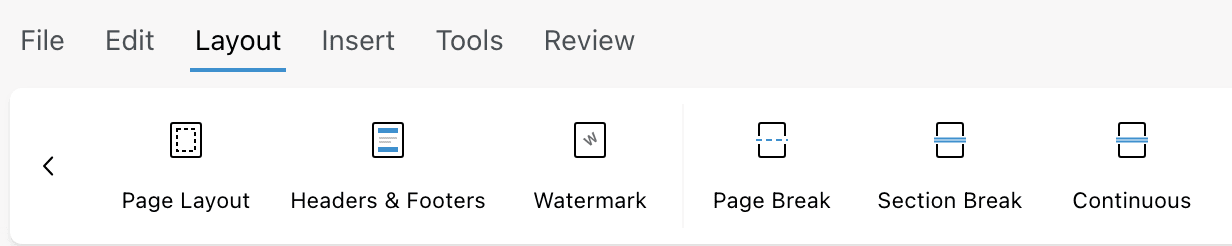 The Layout tab of the ribbon with Page Layout, Headers & Footers, Watermark, Page Break, Section Break, and Continuous buttons