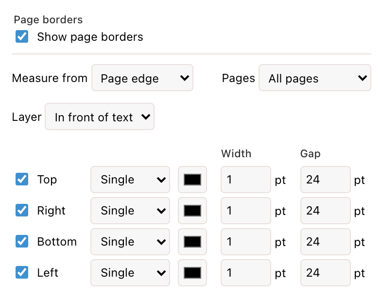 Page border controls with Measure from, Pages, and Layer menus, and a row per side with style, color, width, and gap