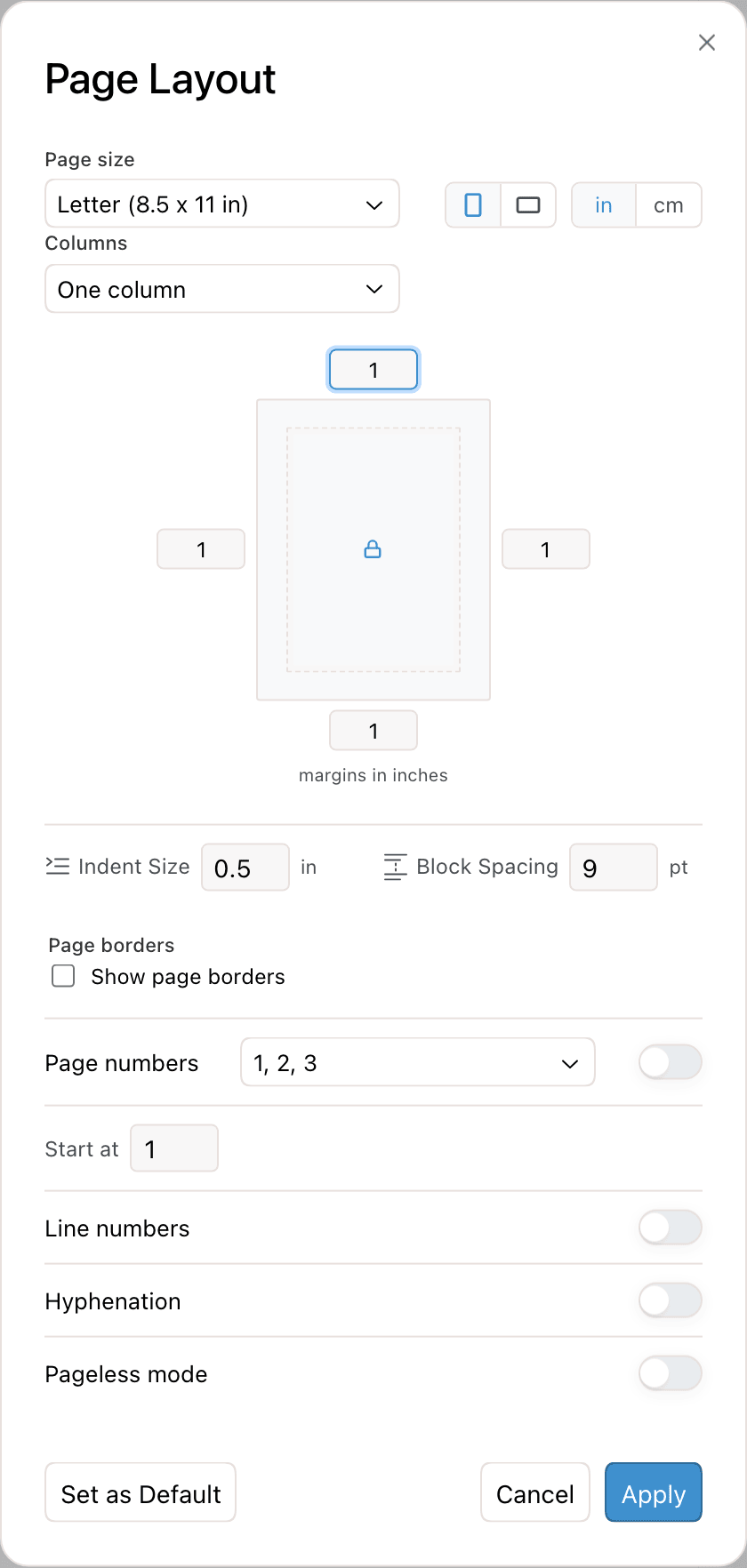 The Page Layout dialog, with page size and columns at the top, a page preview with margin fields, and switches below