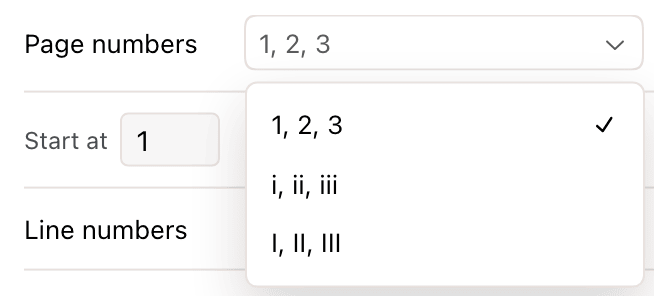 The page number format menu in the Page Layout dialog, listing 1, 2, 3 and i, ii, iii and I, II, III