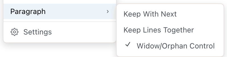 The right-click menu with the Paragraph submenu open, showing Keep With Next, Keep Lines Together, and Widow/Orphan Control, with Widow/Orphan Control checked