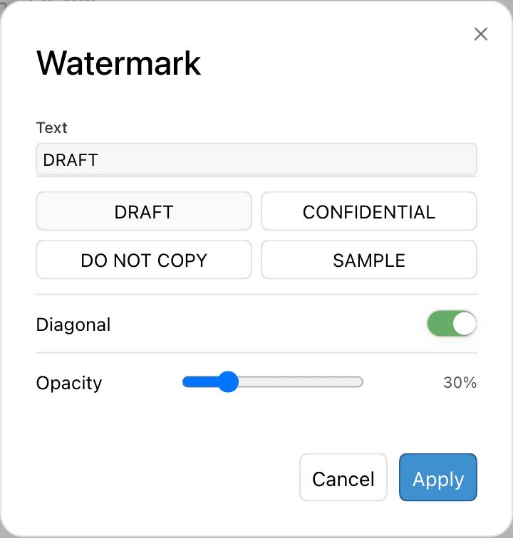 The Watermark dialog with DRAFT entered, four preset buttons, a Diagonal switch, and an Opacity slider at 30%