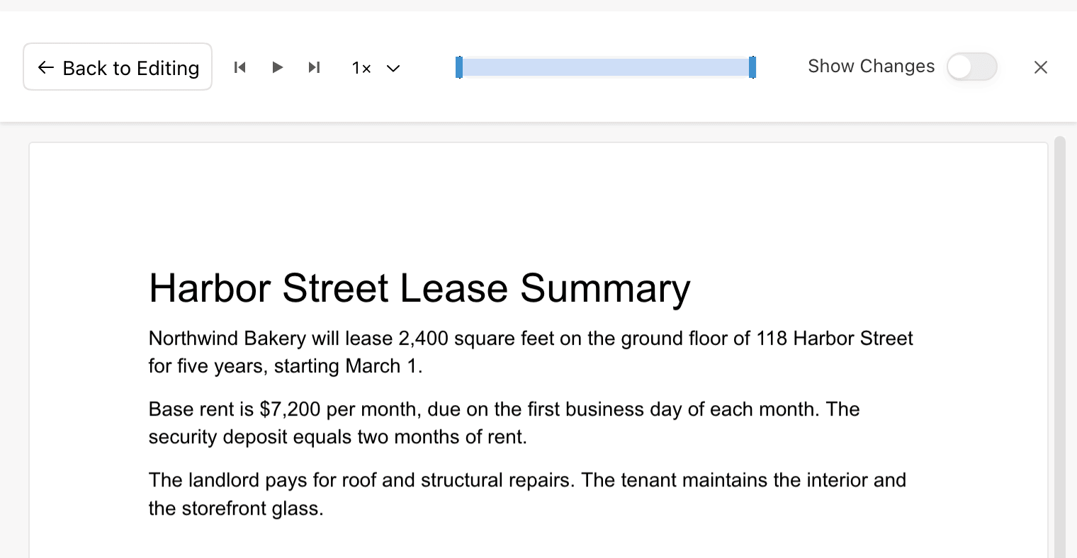 Revision history with Show Changes turned off, showing the lease summary without highlights