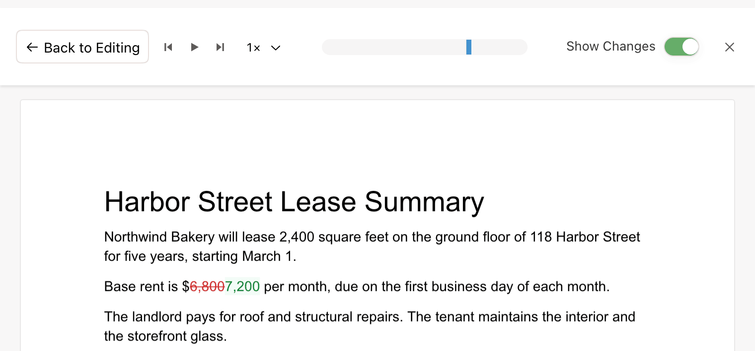 A lease summary in revision history with the old rent struck through in red and the new rent in green