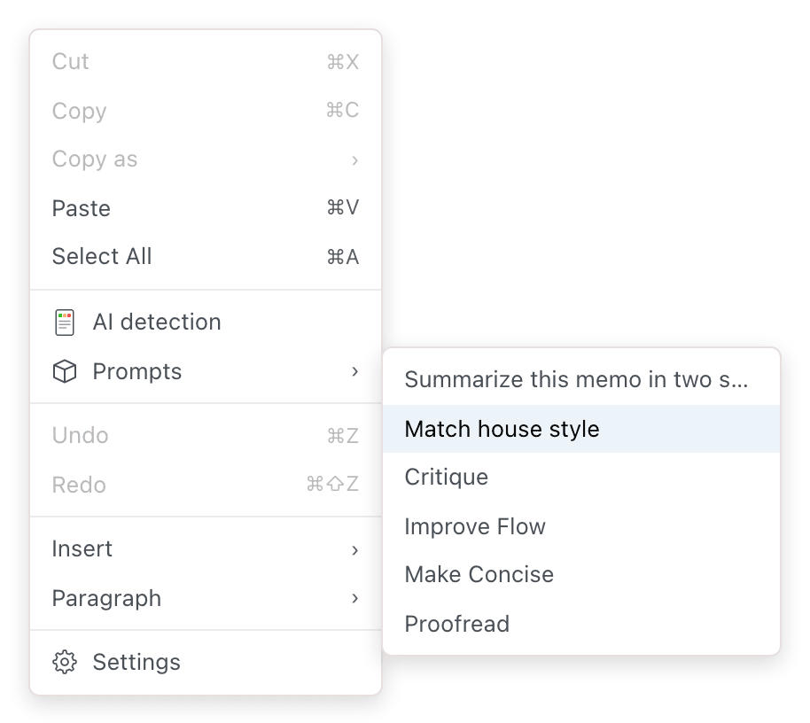 The document's right-click menu with the Prompts submenu open, listing saved prompts