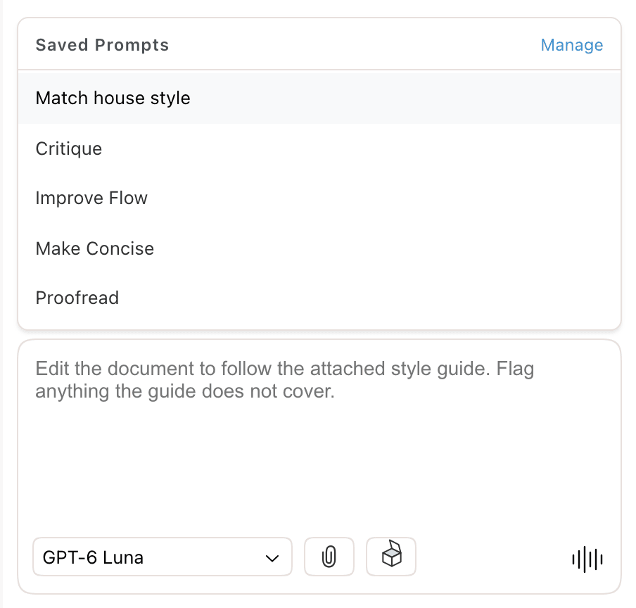 The Saved Prompts menu open above the chat input, with the hovered prompt's text previewed in the input