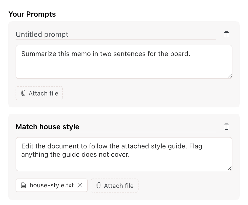 Two prompt cards under Your Prompts: an unnamed prompt showing the Untitled prompt placeholder, and Match house style with an attached file
