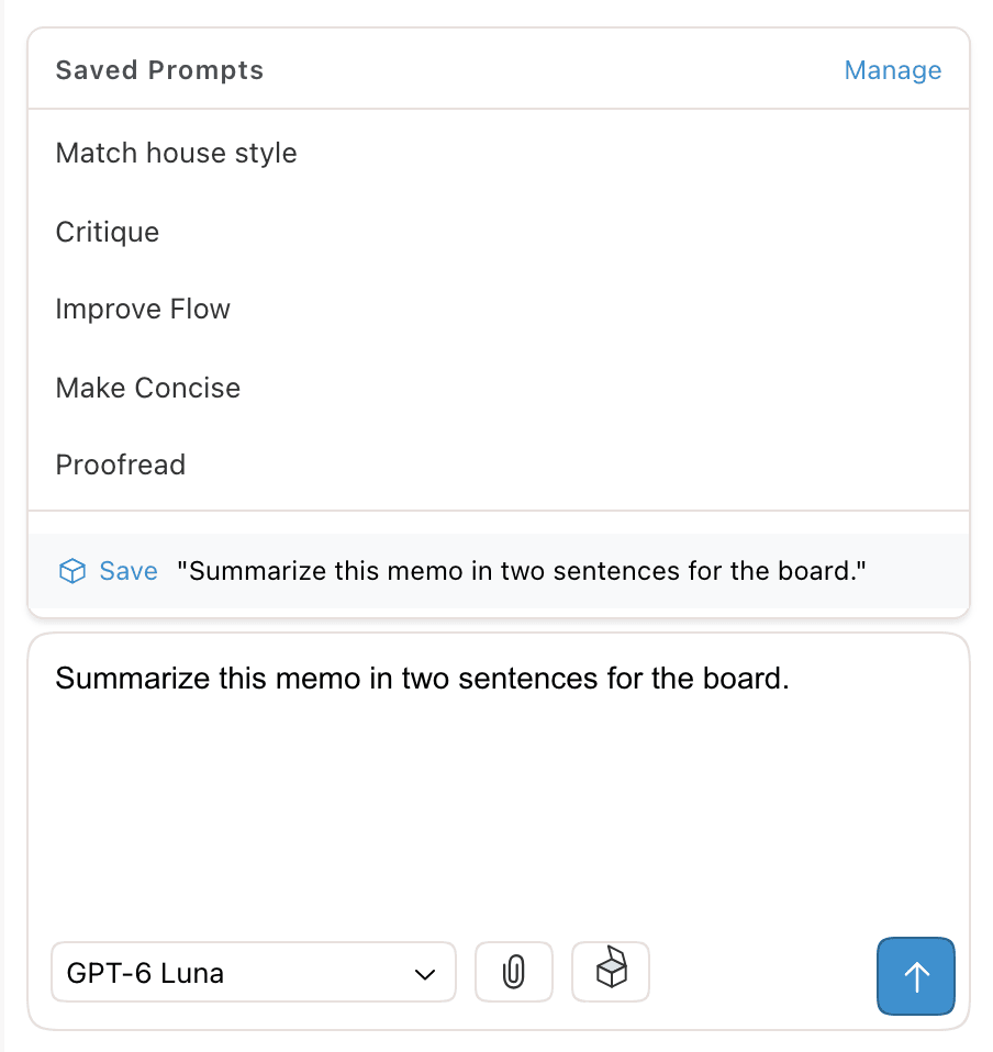 The Saved Prompts menu with a Save item at the bottom that quotes the text typed in the chat input