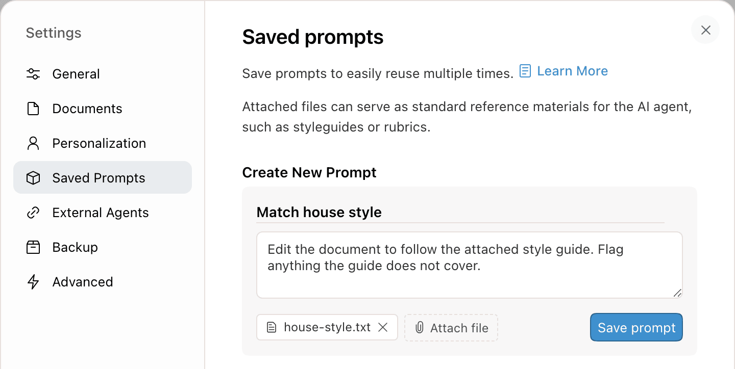 Settings open to Saved Prompts, with a new prompt named Match house style, its text, and an attached file