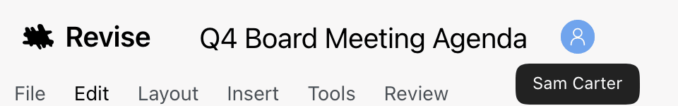 The editor header with a collaborator's avatar next to the title and a tooltip reading Sam Carter