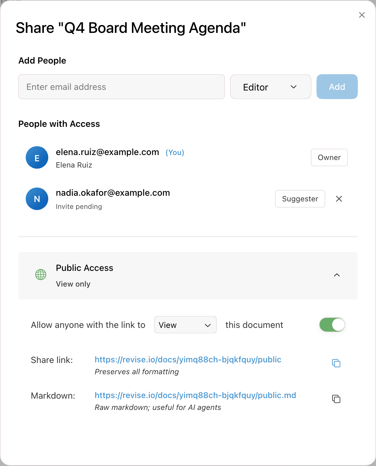 The share dialog with Public Access expanded, the switch on, View selected, and the share and Markdown links
