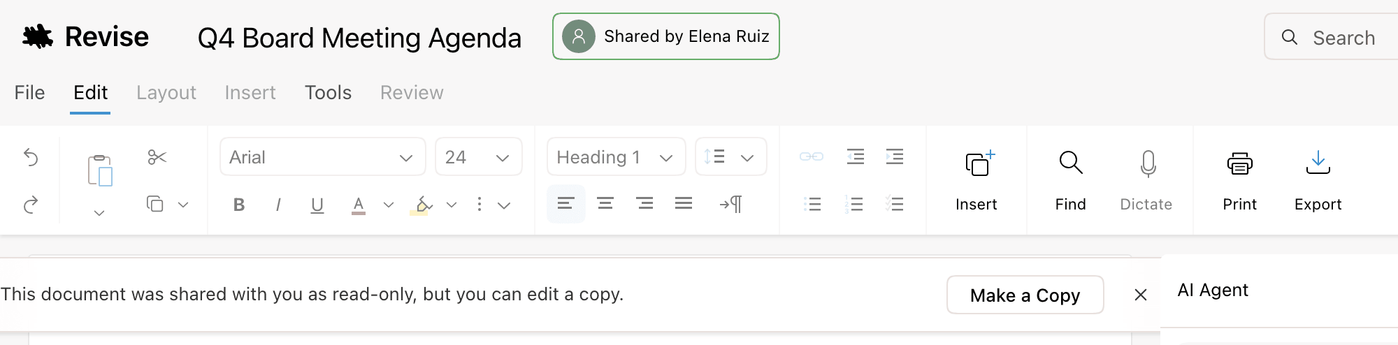 The editor header with a Shared by Elena Ruiz badge above the read-only banner and its Make a Copy button