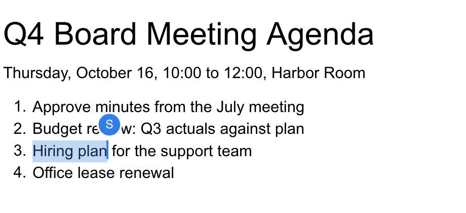 An agenda with another person's selection highlighted on the words Hiring plan and their avatar above the cursor