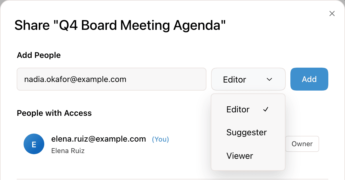 The role menu in the share dialog open, listing Editor, Suggester, and Viewer