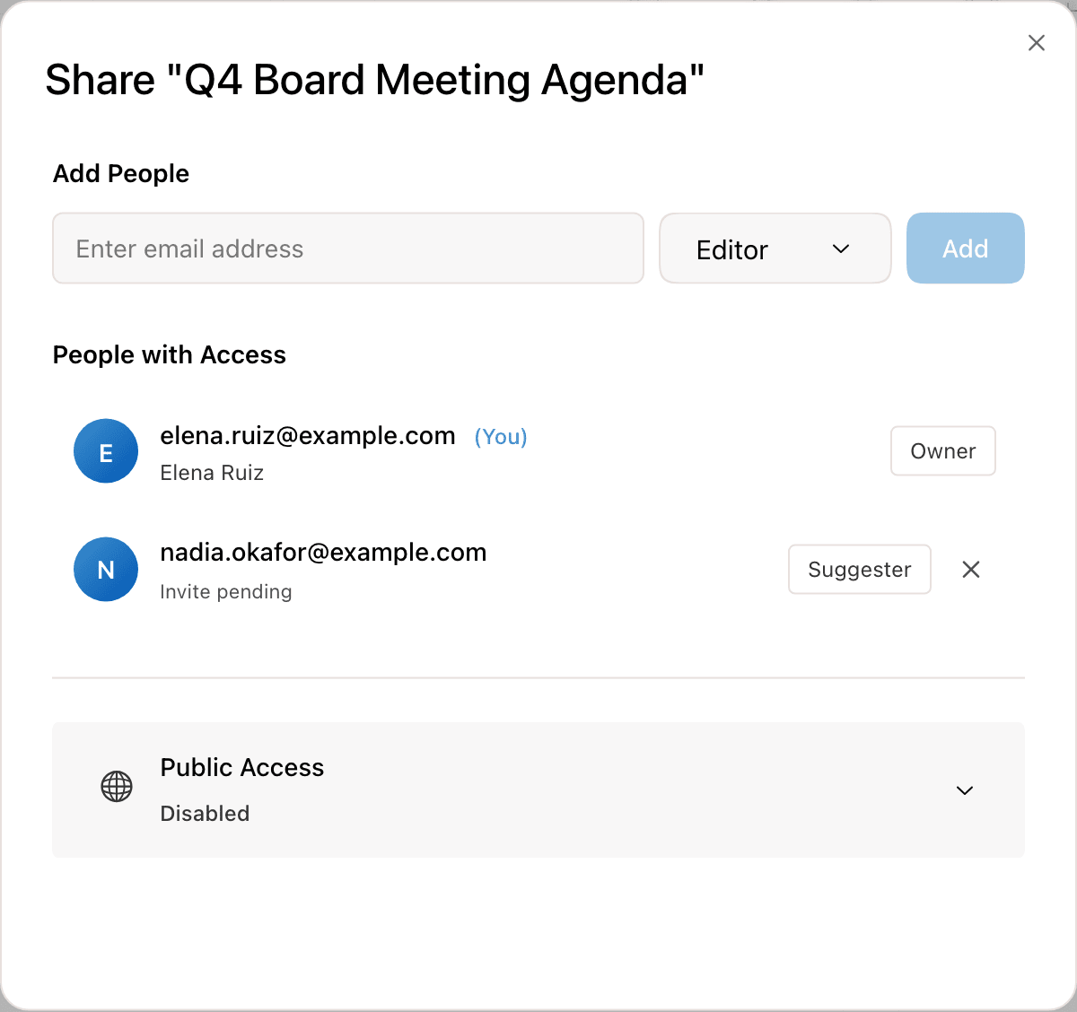 The share dialog with the owner and one pending invite listed under People with Access