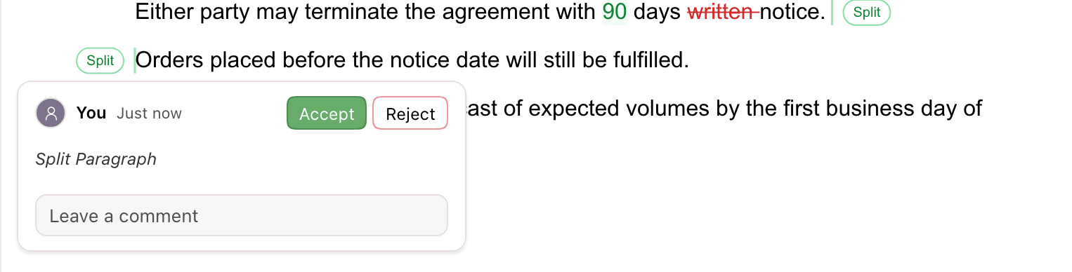 A paragraph split in two, with Split labels at the break and a card labeled Split Paragraph