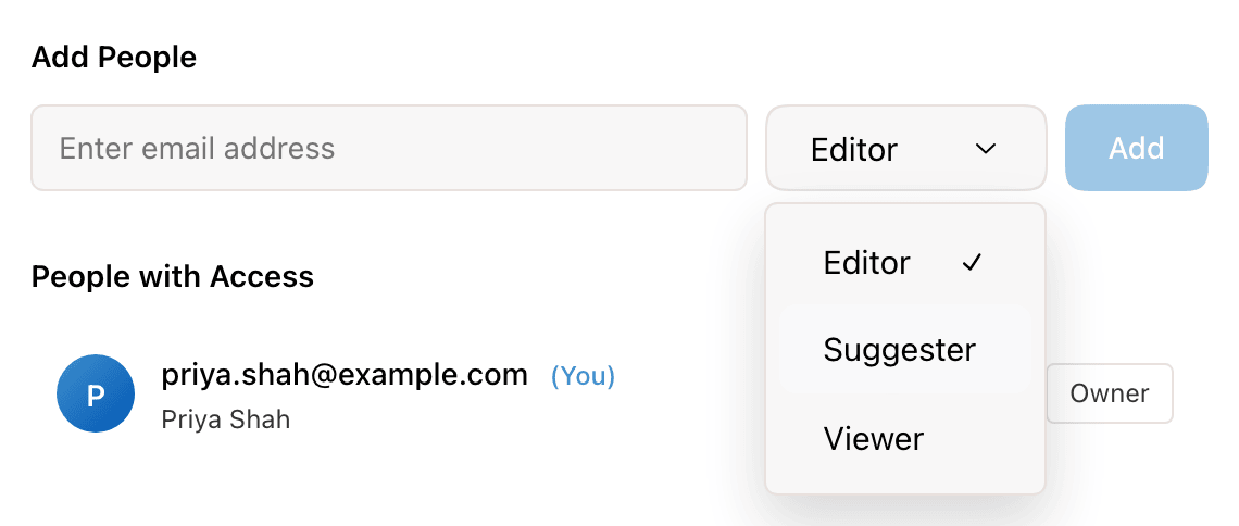 The role menu in the Share dialog with Editor, Suggester, and Viewer