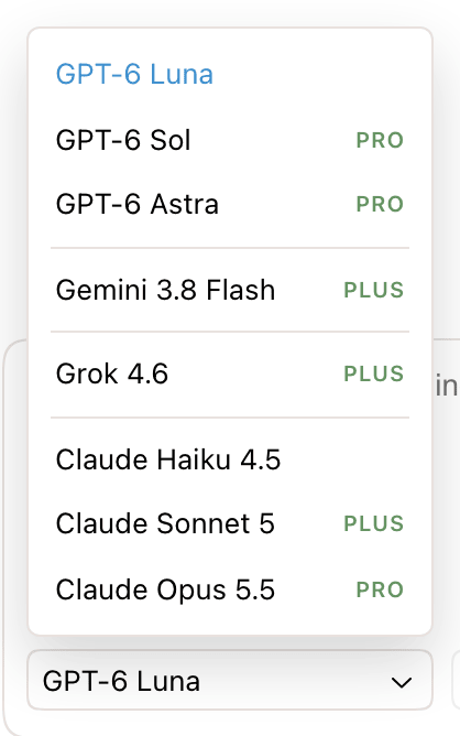 The model picker without an account, with PRO and PLUS labels beside the models the free plan doesn't include