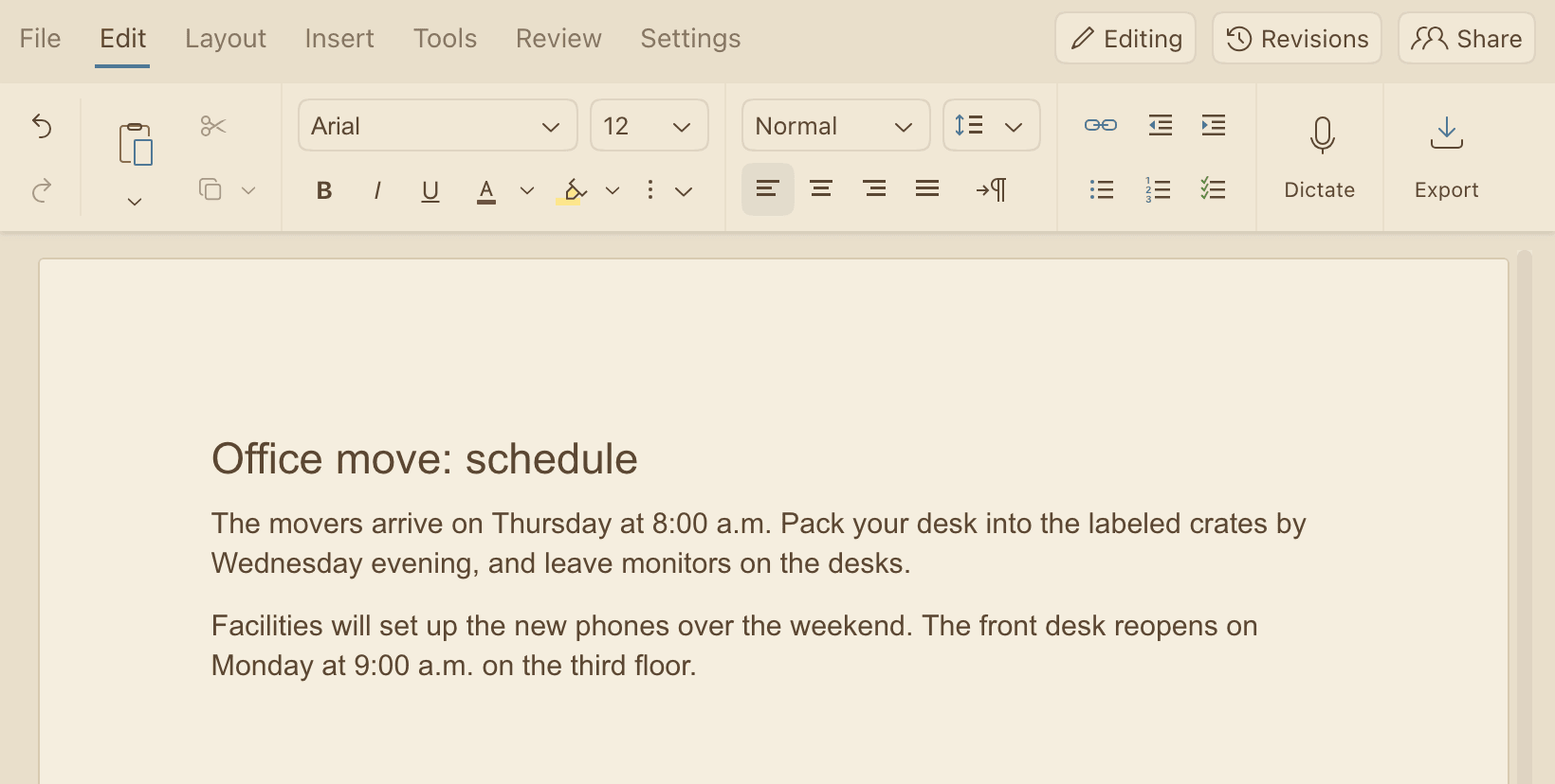 The editor in the Albuquerque theme: beige ribbon and page with brown text